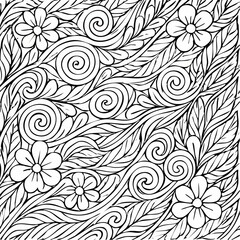 Fototapeta premium Black and white floral pattern with swirling leaves and flowers.