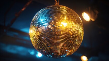 Fototapeta premium A golden disco ball hanging from a ceiling with blue and yellow lights.