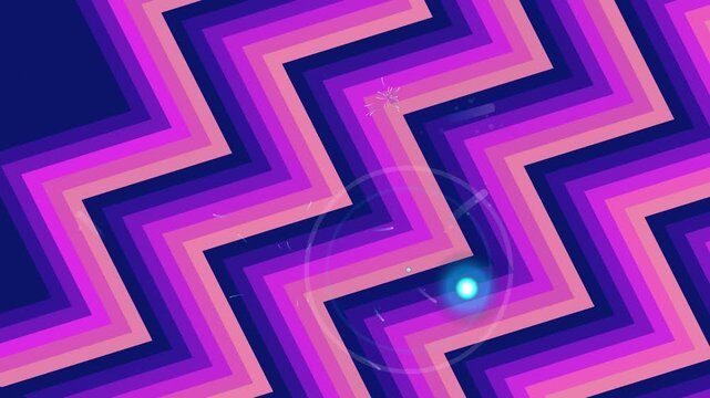 Vibrant purple chevron pattern tunnels inward toward a small glowing.