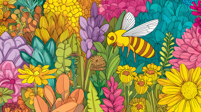 A bee is seen buzzing around a brightly colored garden of flowers and plants in this playful vector illustration, which captures the spirit of World Bee Day and the importance of pollination.