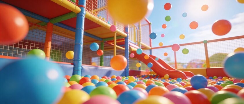 Colorful ball pit with a slide and many balls in the air under a bright sunny sky