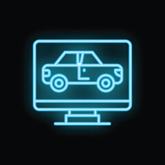 Obraz premium Neon icon of a computer displaying a car, representing online services related to vehicles