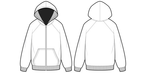 Raglan Sleeve Zip up Hoodie Jacket with Kangaroo Pocket- Flat Technical Drawing -Front and Back View- Cad/ Vector Illustration © Line_Studio