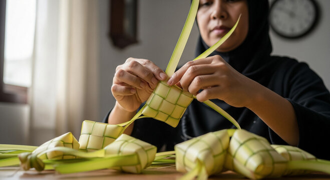 Asian Woman Weaving Traditional Ketupat Rice Cake for Eid Celebration


