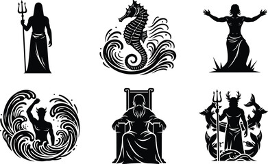 Poseidon and sea mythology silhouettes set with trident seahorse waves and ocean god illustration © Monteza