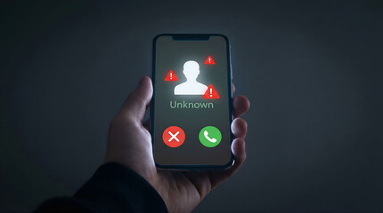 Hand holding smartphone with unknown caller and scam alert icons for cyber security and fraud concept