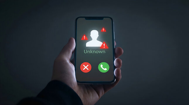 Hand holding smartphone with unknown caller and scam alert icons for cyber security and fraud concept