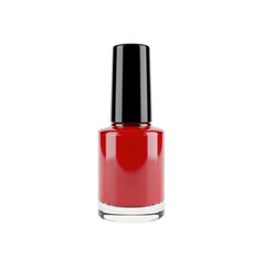 A bottle of red nail polish with a black cap isolated on transparent background