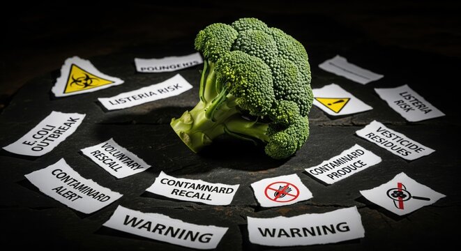 Fresh broccoli with food safety warning labels and recall alerts