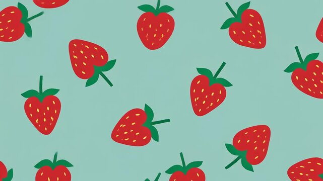 Playful cartoon strawberry pattern on light green backdrop, the fire died motif, seamless repeat design for fabric and packaging, top-down view