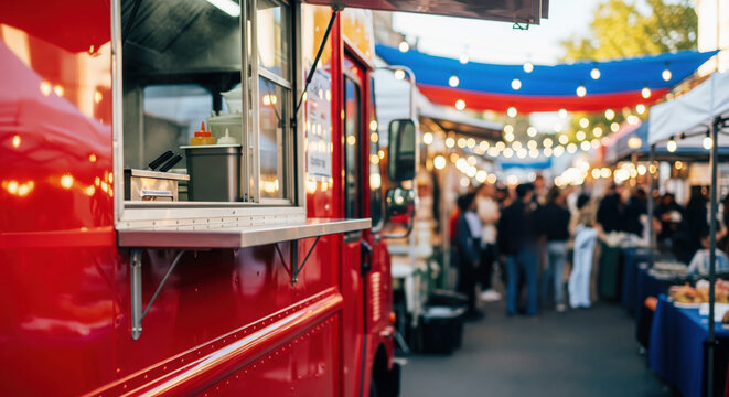 Red food truck service window at outdoor street market festival