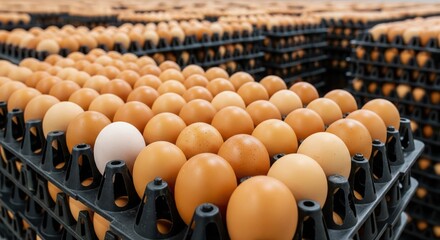 Obraz premium Stacks of fresh brown eggs in trays with one unique white egg