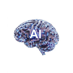 A blue and purple brain with the letters ai on it isolated on transparent background