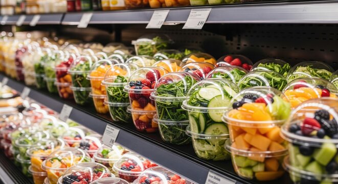 Fresh Fruit and Vegetable Salads in Plastic Containers at Supermarket