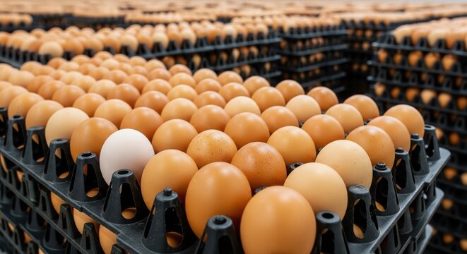 Stacks of fresh brown eggs in trays with one unique white egg