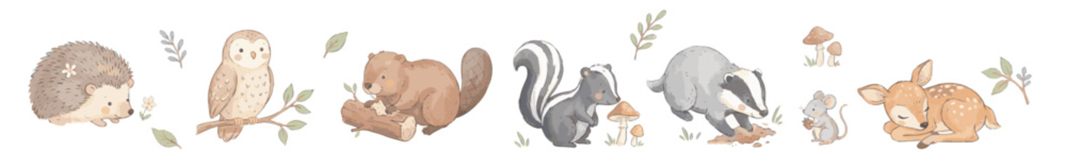 Watercolor forest cliparts. Deer, hedgehog, owl, beaver, skunk, badger, mouse, png. Collection of Vector illustrations. Perfect for invitation, card, poster, banner, decoration © maria