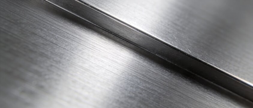Close-up macro shot of brushed stainless steel surface with a subtle groove and reflections