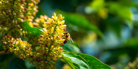 In a luscious environment during daylight, a yellow bee gathers nectar from Robusta coffee blossoms.