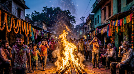 Fototapeta premium Traditional Holika Dahan Bonfire Before Holi Festival in Indian Village