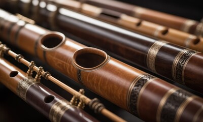 Close-up of various woodwind instruments, showing detail and craftsmanship