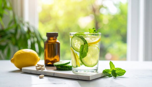 Detox infused water with cucumber and probiotics, spring wellness and gut health concept.