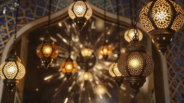Moroccan lanterns hang in archway with colorful tiles and lights reflecting