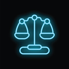 Fototapeta premium Neon blue scale glowing on a black background, symbolizing justice, law, and balance