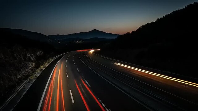 A Captivating Night Journey: Long Exposure of Vehicle Lights Illuminating a Highway Landscape, Mountain Backdrop