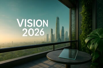 Fototapeta premium A futuristic city skyline at sunrise with Vision 2026 text and a modern tablet on a balcony table.