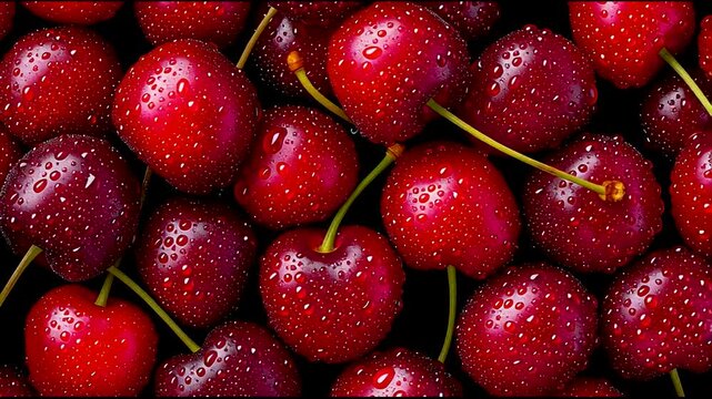 Fresh red cherries with droplets of water glistening on their surface, arranged closely together with green leaves visible in a vibrant display of fruit