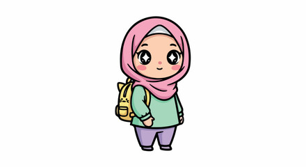 Fototapeta premium Cartoon illustration of a smiling young girl wearing a pink hijab and a yellow backpack on a clean white background.