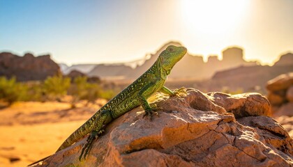 Fototapeta premium Green Lizard Sunbathing on a Rock in the Desert at Sunset.