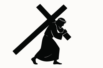 Flat vector silhouette of Jesus carrying the cross on his shoulder