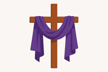 Flat vector purple Lent cloth draped over a wooden cross
