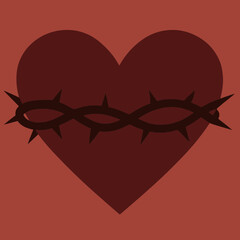 Flat vector dark red heart with a small crown of thorns wrapped around it