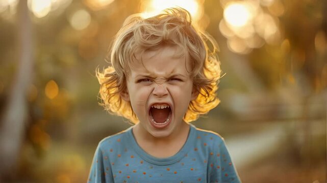 A child with a sincere expression of anger and tension on his face displays childish emotions in the bright light of sunset. A sought-after background for psychological articles or children's educatio