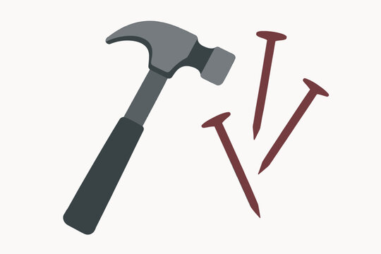 Flat vector illustration of hammer and three nails arranged in composition