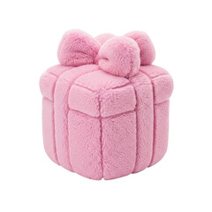 A beautifully wrapped pink gift box with fluffy pom-poms on top isolated on transparent background