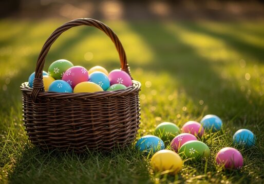 Colorful easter eggs in a wicker basket on green grass outdoors on a sunny day with some eggs scattered around