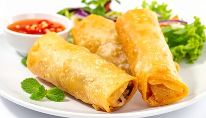 Golden Deep Fried Spring Rolls with Sweet Chili Sauce and Fresh Side Salad on a White Plate