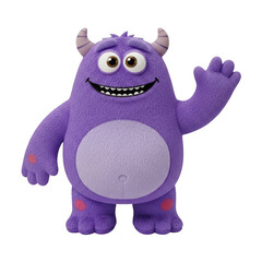 A friendly purple monster plush toy waving with a big smile on its face isolated on transparent background