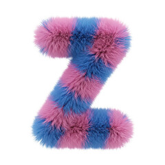 A vibrant and colorful close-up of a letter z made of fluffy yarn isolated on transparent background