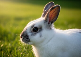 Obraz premium Closeup of white rabbit in green grassy field looking left
