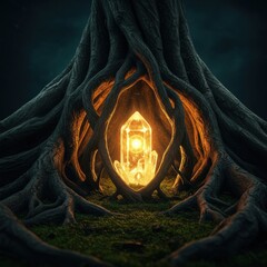Glowing Crystal Hidden Within Ancient Tree Roots - Mystical Fantasy Art