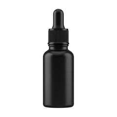 A black dropper bottle with a black dropper cap on a white background isolated on transparent background