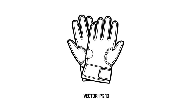 Black and White Line Drawing of Leather Work Gloves, Isolated on White Background