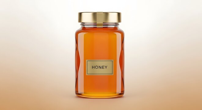 A glass jar filled with golden honey on a beige background