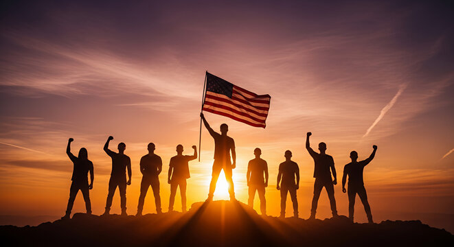 Team celebrating success with American flag at sunset