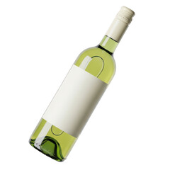 A tall, slender bottle of white wine with a white label and foil wrapping on the top. isolated on transparent background