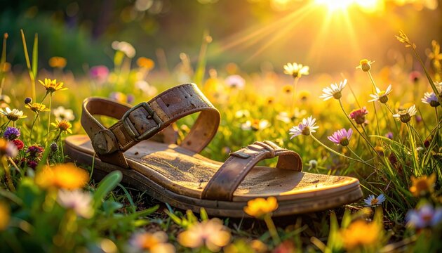 Lone Worn Sandal with Frayed Straps Near Resilient Wildflowers, Detailed Photographic Capture